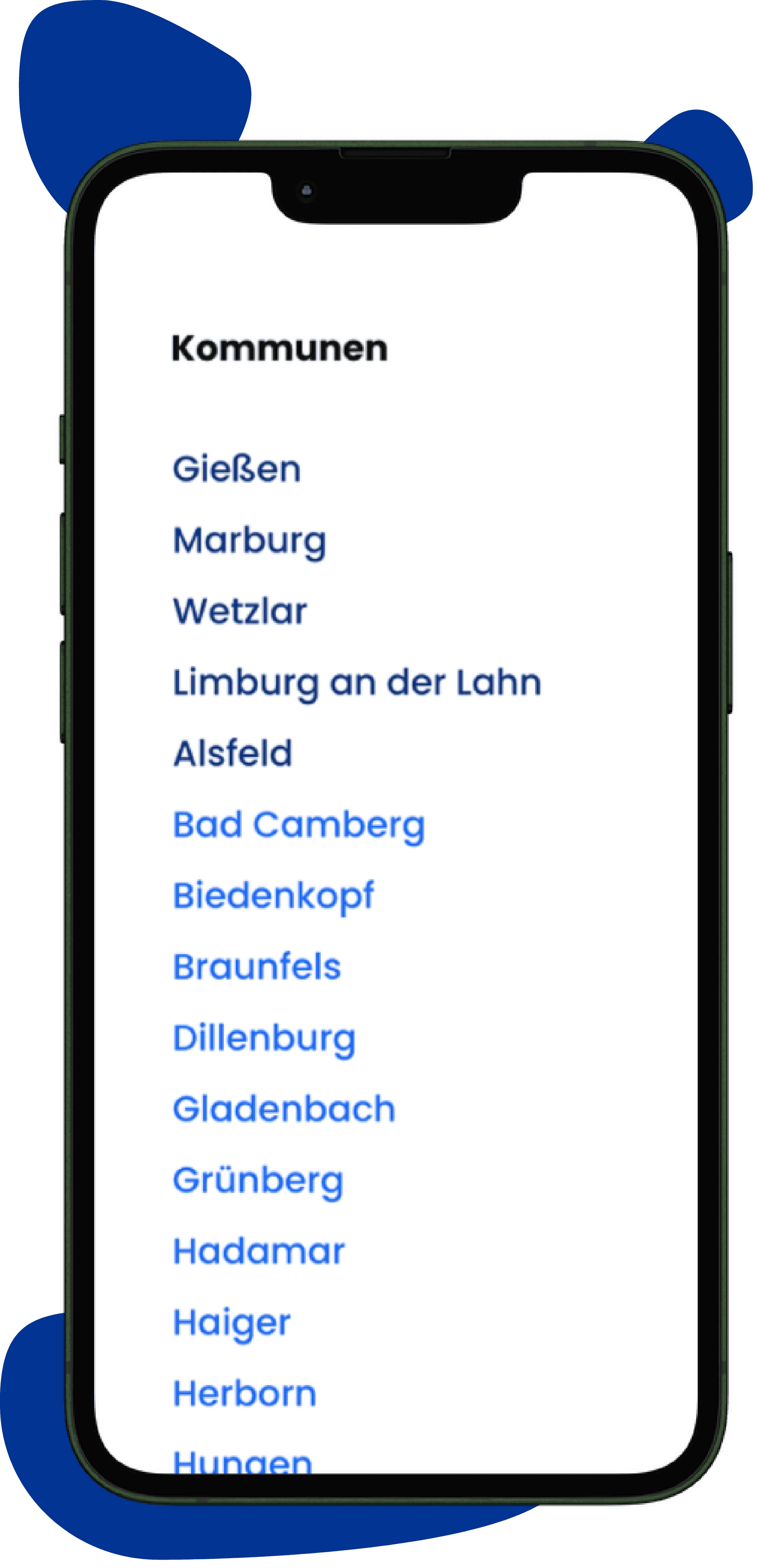 Smartphone zeigt Auswahl von Städten und Gemeinden in Mittelhessen, z. B. Gießen, Marburg, Wetzlar.