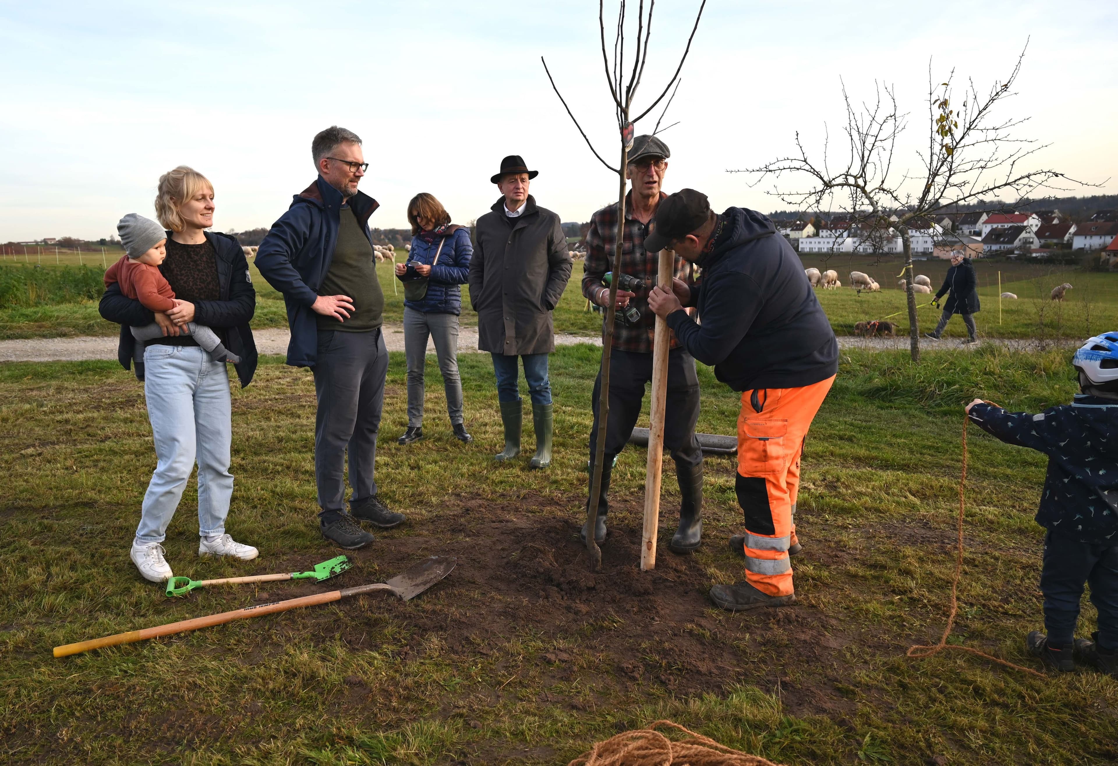 Die Pflanzaktion für den Babywald in Ansbach mit Familien und Oberbürgermeister Deffner.