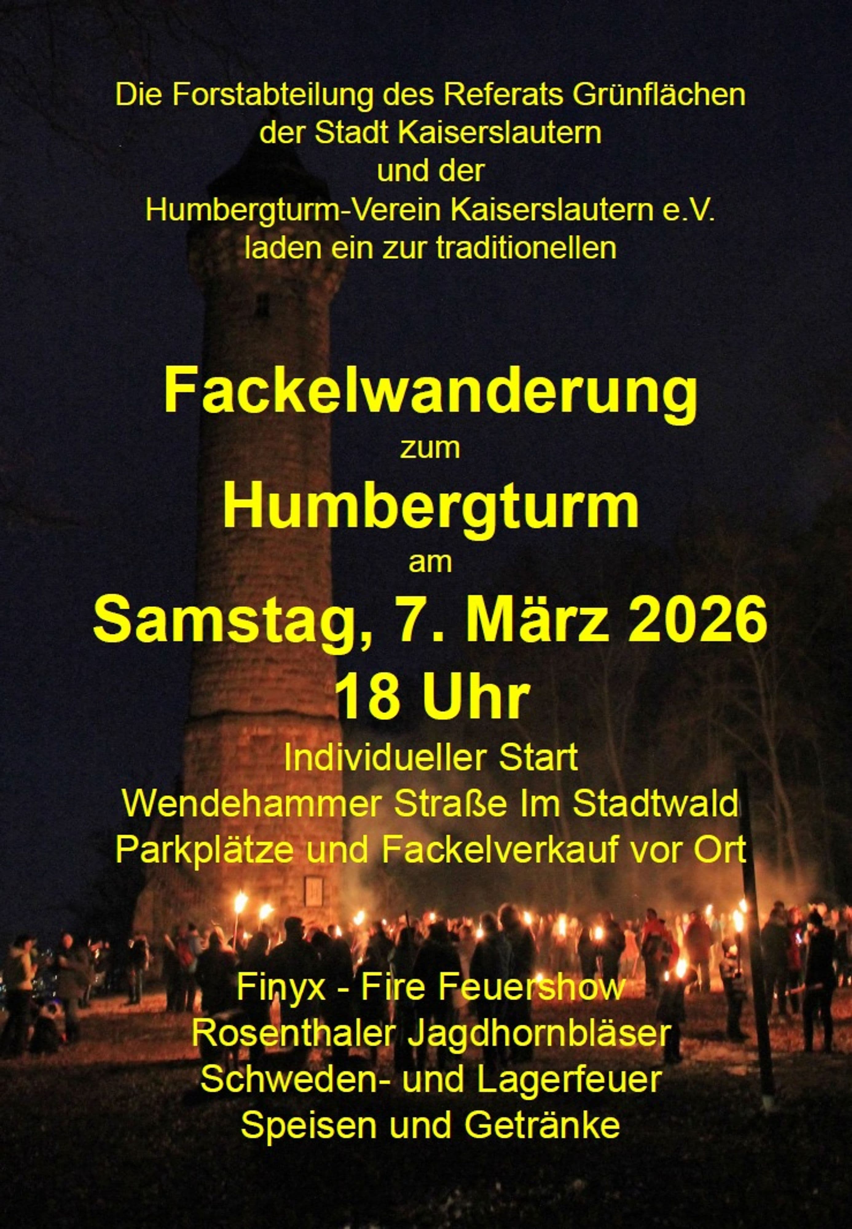 Poster zur Fackelwanderung am Humbergturm 2026, präsentiert von Stadt und Verein. Poster zur Fackelwanderung am Humbergturm 2026, präsentiert von Stadt und Verein.