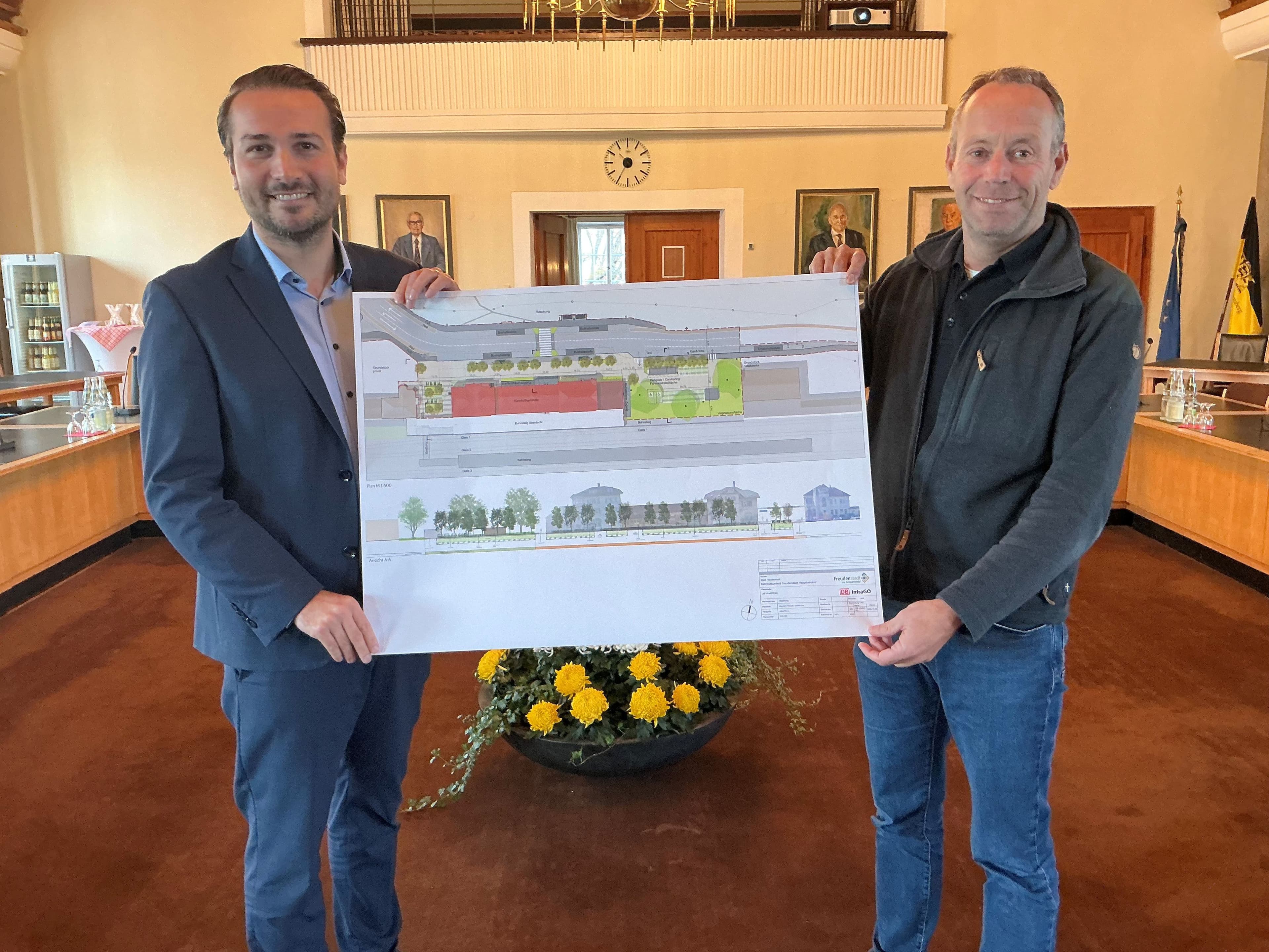 Oberbürgermeister Sonder und Amtsleiter Gärtner präsentieren den Entwurf zum neuen Bahnhofsvorplatz.