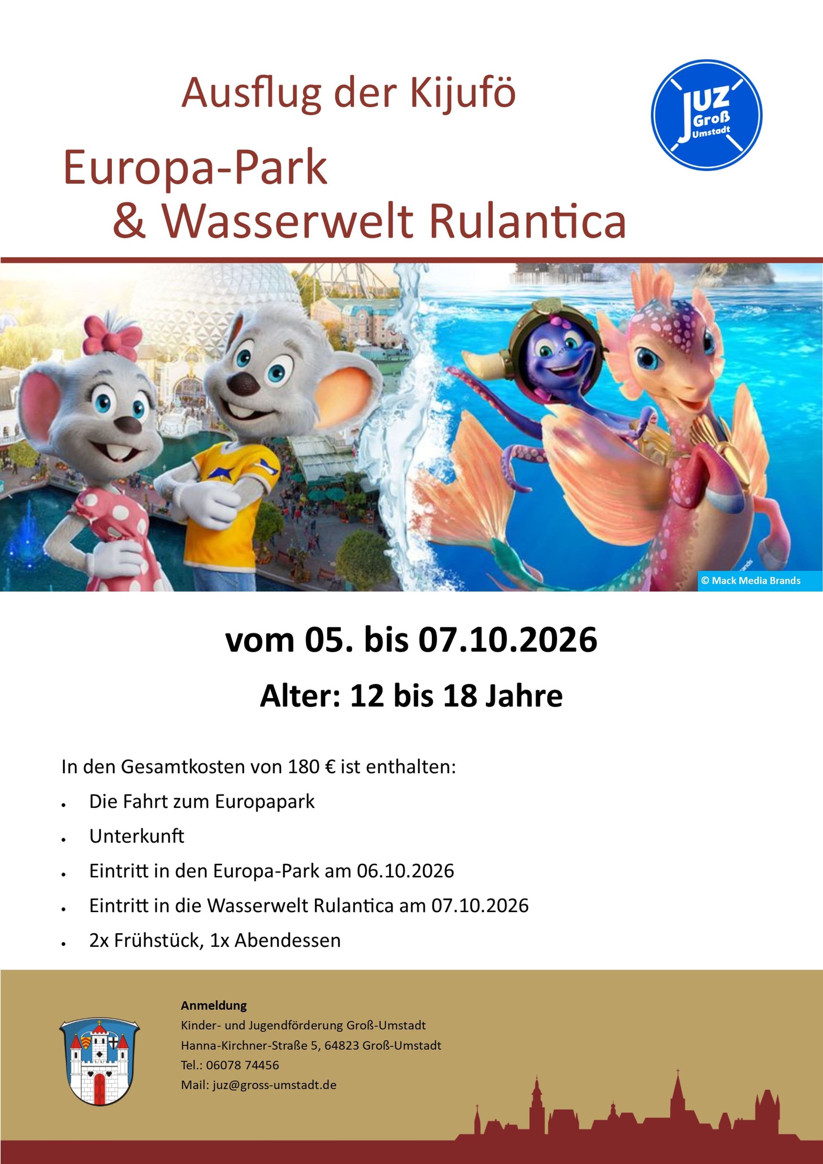 Dreitägiger Ausflug der Stadt Groß-Umstadt für Jugendliche in den Europa-Park und die Wasserwelt Rulantica.