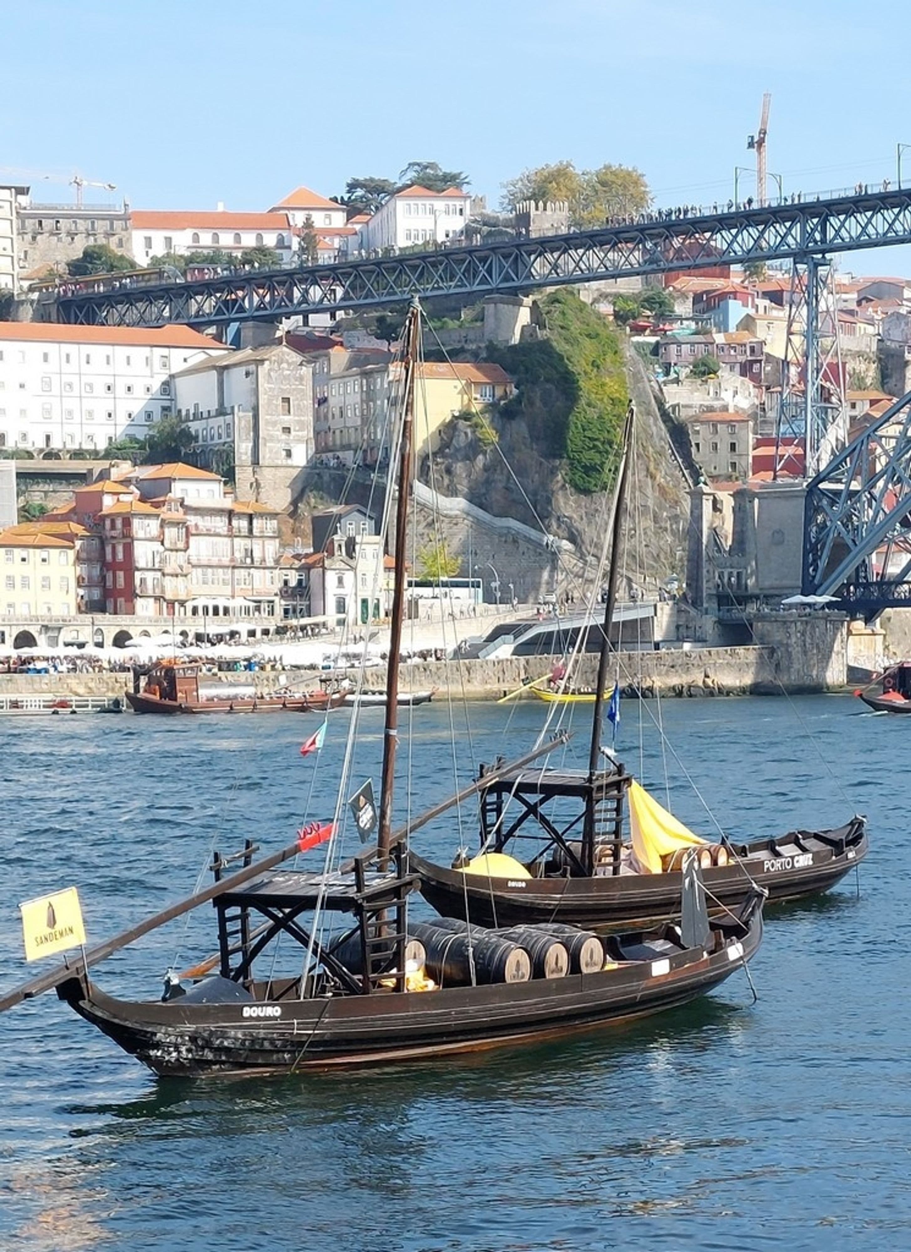 Auf dem Douro in Porto zeigt sich eine malerische Aussicht auf die umliegenden Weinberge und historischen Gebäude, während ein Flusskreuzfahrtschiff sanft durch die Wasser gleitet.