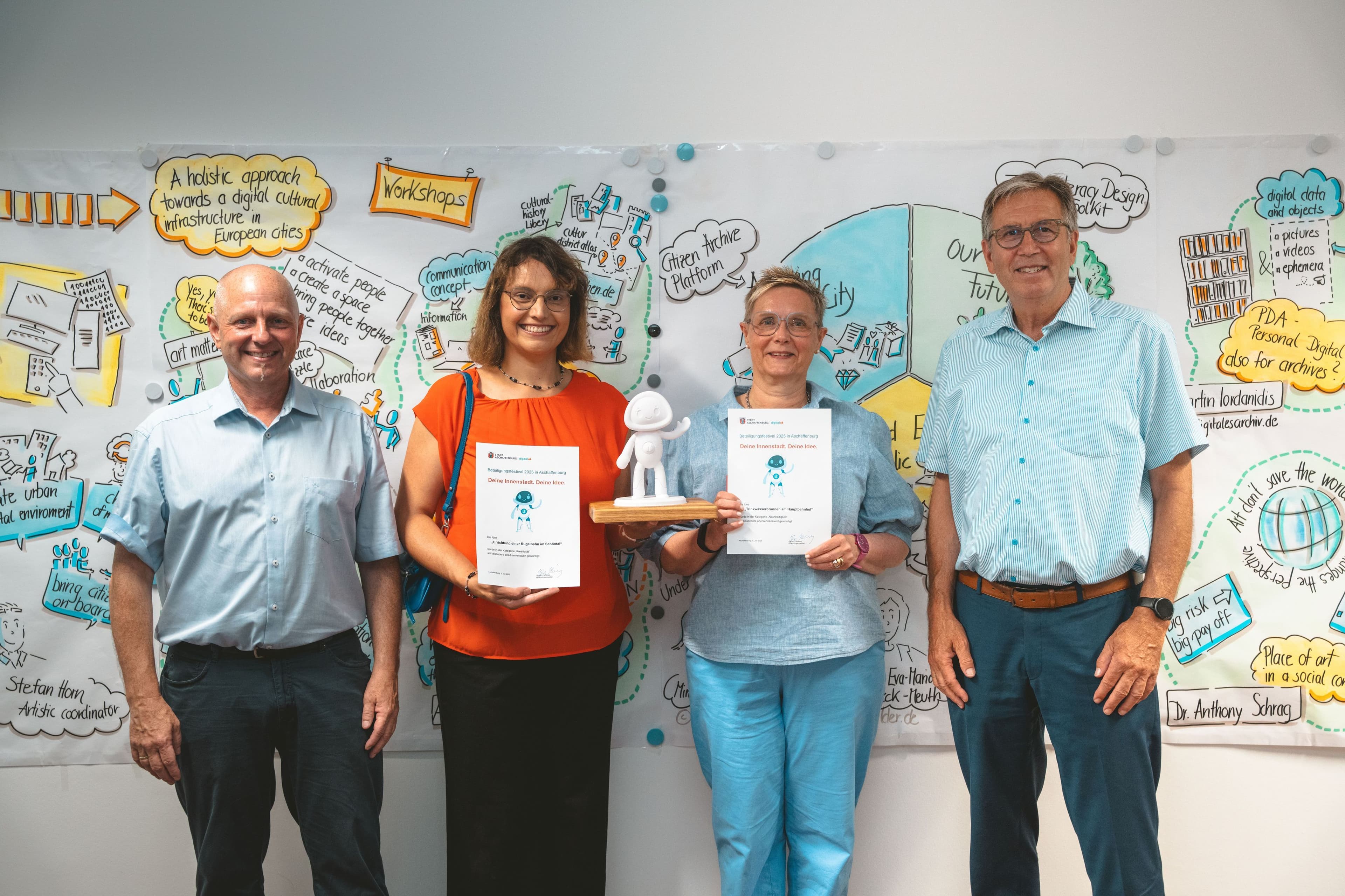 Preisträgerinnen mit ihren Ideen und Vertreter der Stadt bei der Preisverleihung der Digitalen Manufaktur.