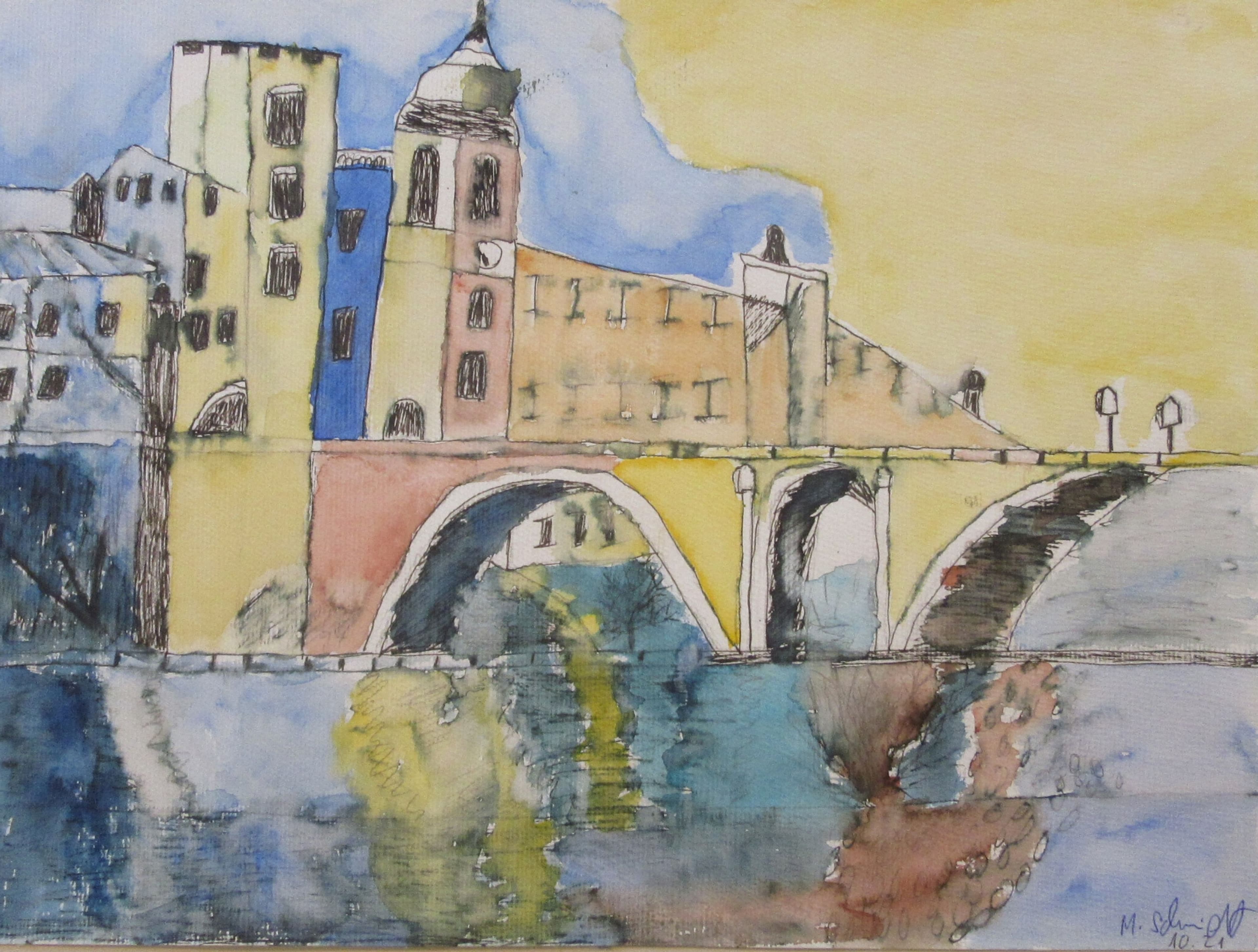 Aquarellbild zeigt eine Stadtansicht mit Brücke von Meike Schmidt., Aquarellbild eines Hahns von Ruth Hansen aus der VHS-Ausstellung in Lahr.