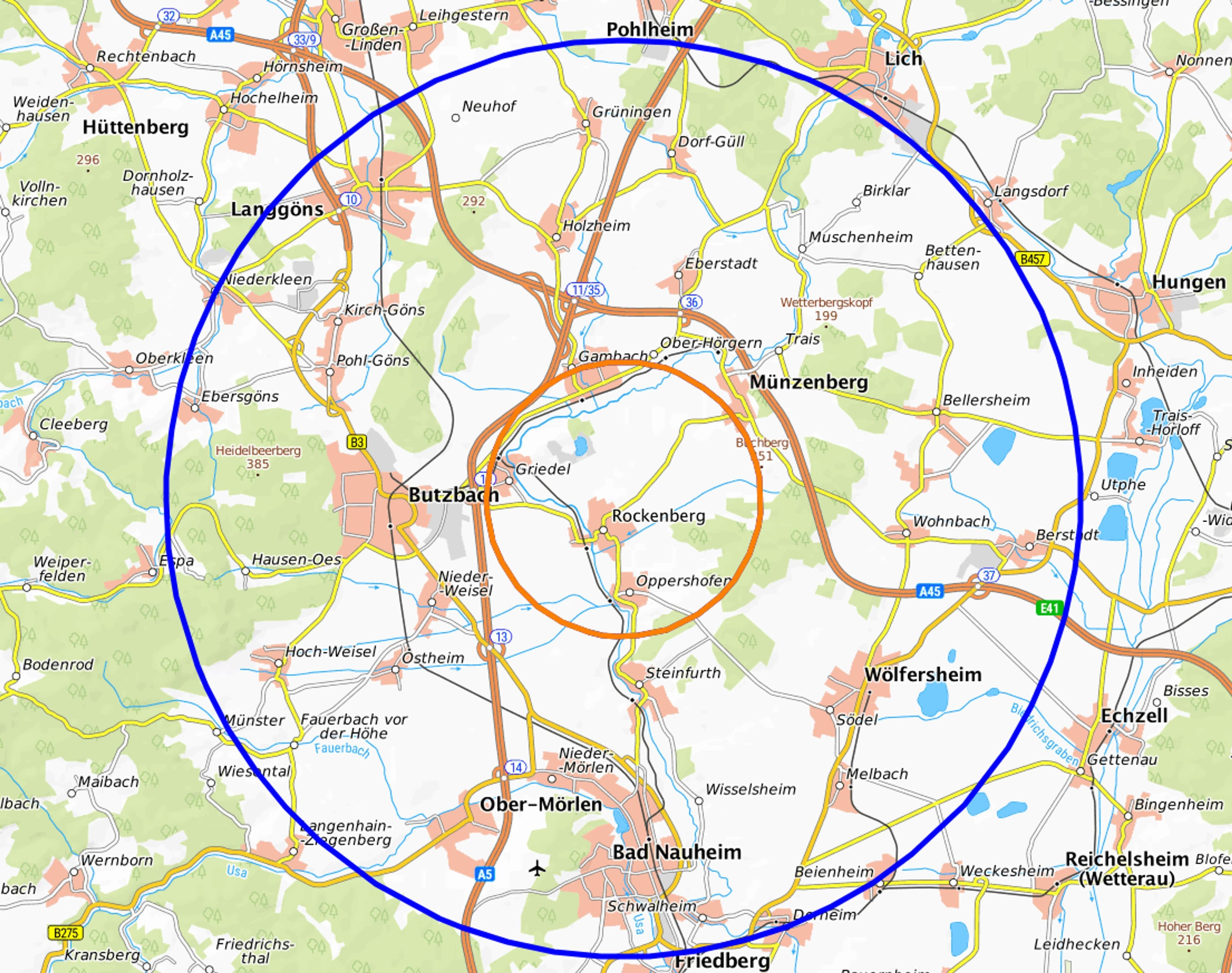 Interaktive Karte zur Überwachungszone der Geflügelpest zeigt betroffene Gebiete im Wetterau- und Landkreis Gießen.