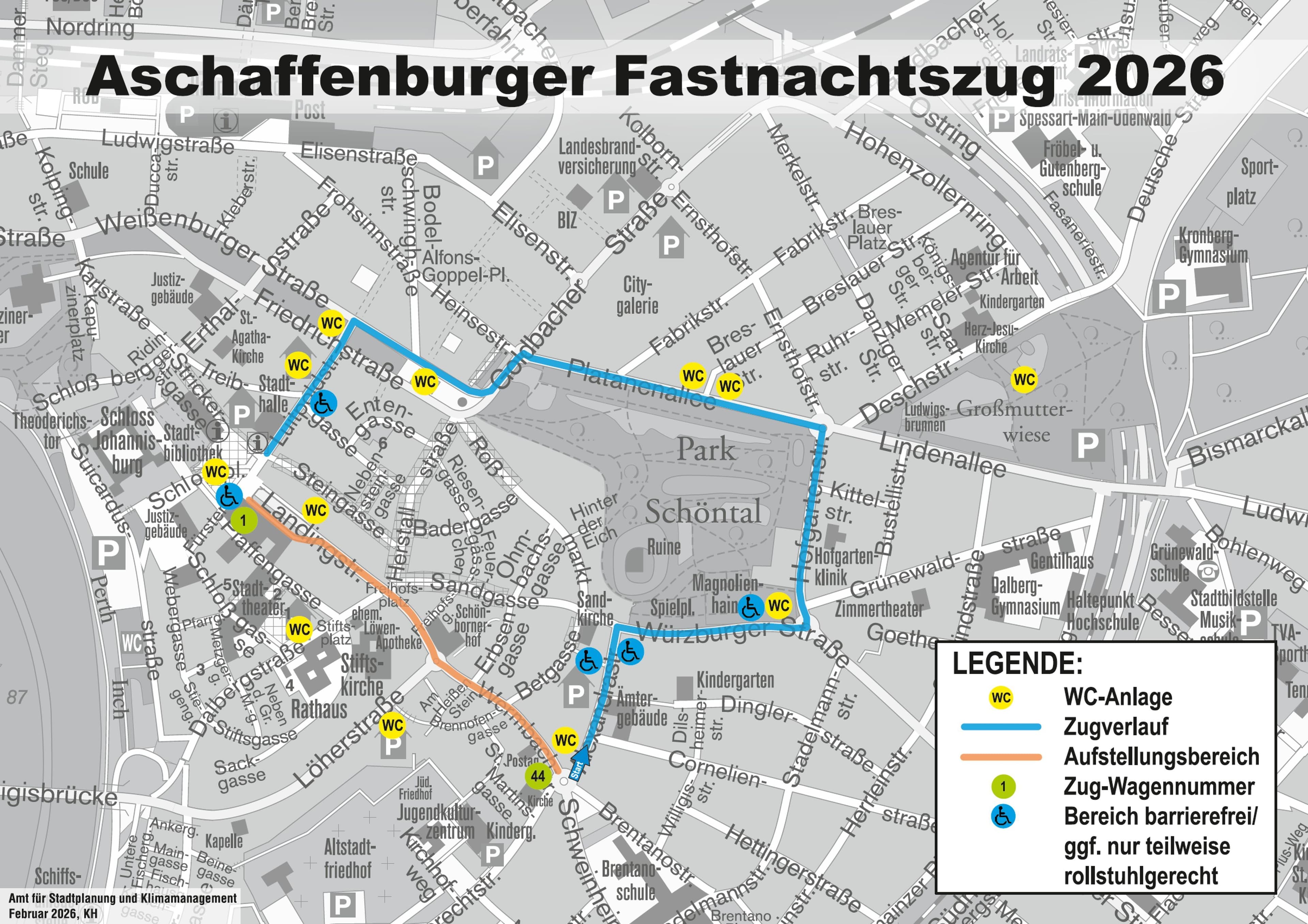Karte zeigt barrierefreie Bereiche entlang der Strecke des Aschaffenburger Fastnachtszugs. Karte zeigt barrierefreie Bereiche entlang der Strecke des Aschaffenburger Fastnachtszugs.
