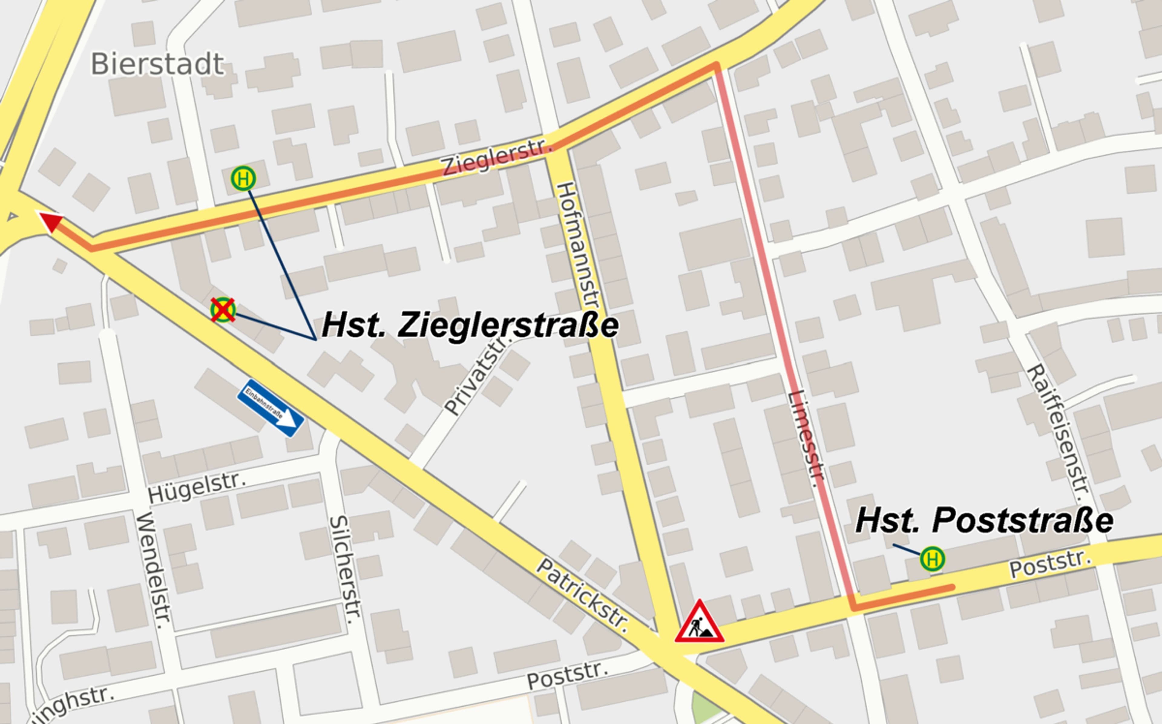 Karte zeigt die Umleitung am Kreuzungsbereich Hofmannstraße/Patrickstraße in Wiesbaden.