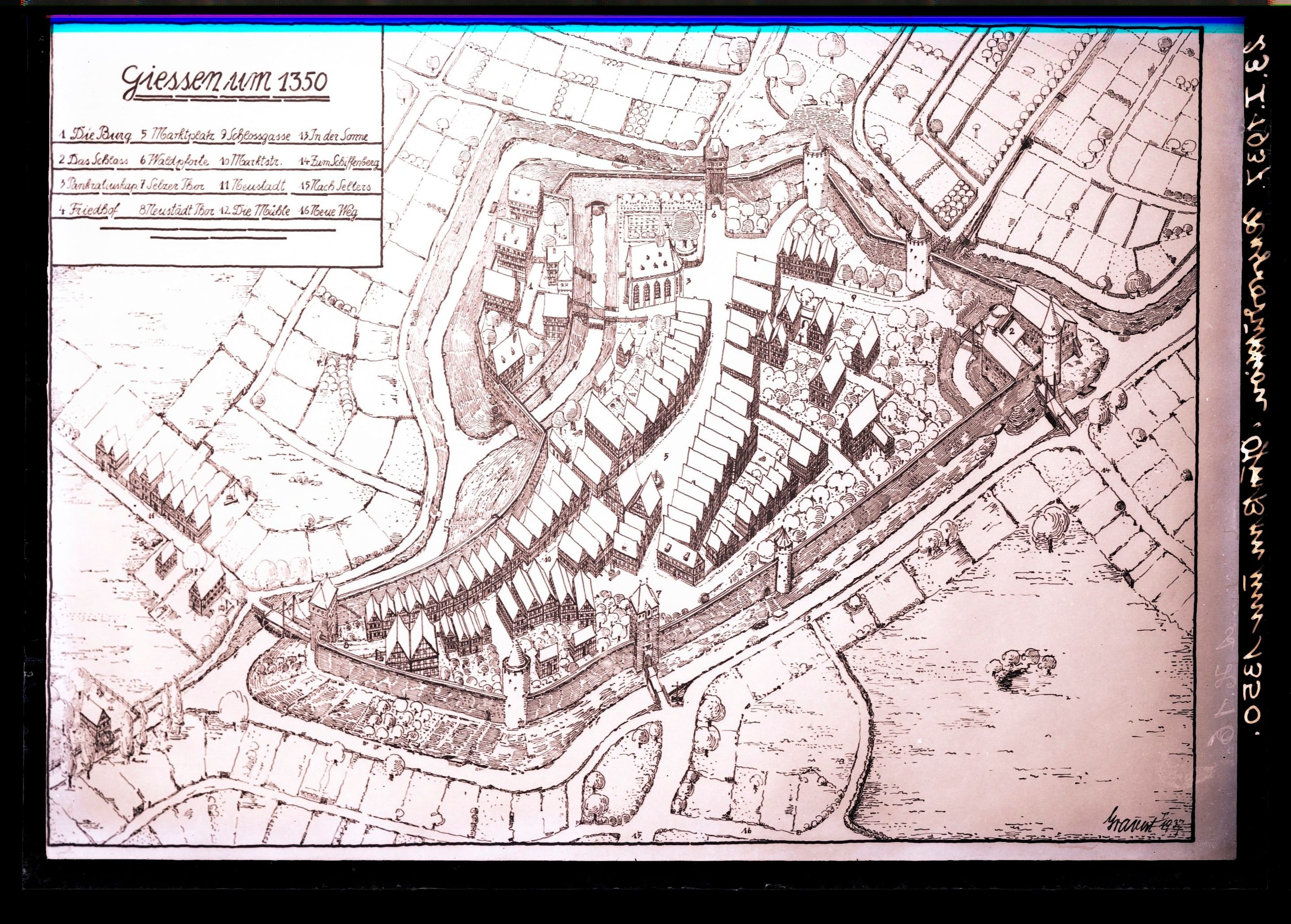 Rekonstruktionszeichnung Gießens um 1350 mit Ansicht der Neustadt von Wilhelm Gravert, 1937.