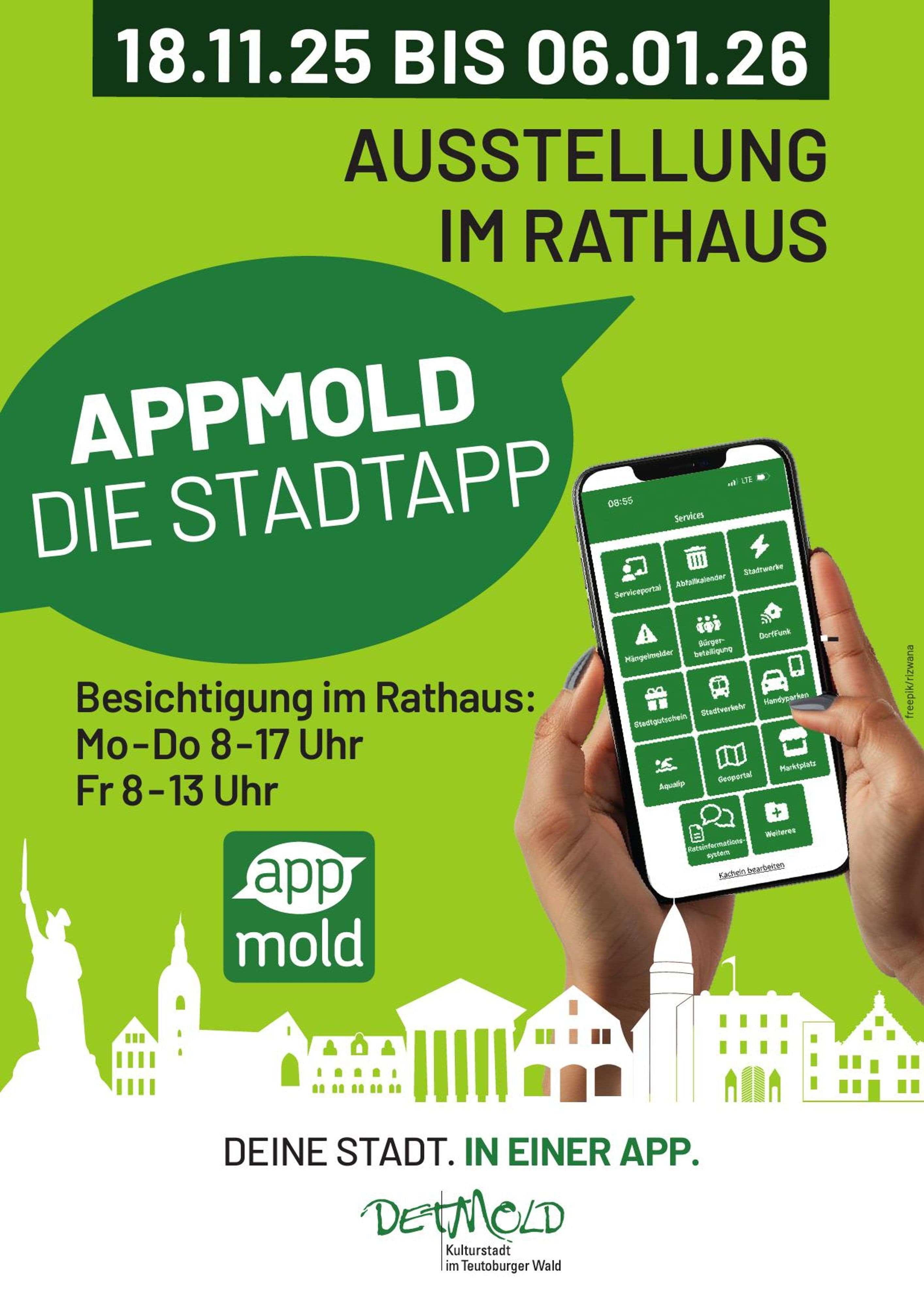 Plakat zur Ausstellung „Appsolut smart: Stadt-App Appmold“ im Rathaus Detmold.