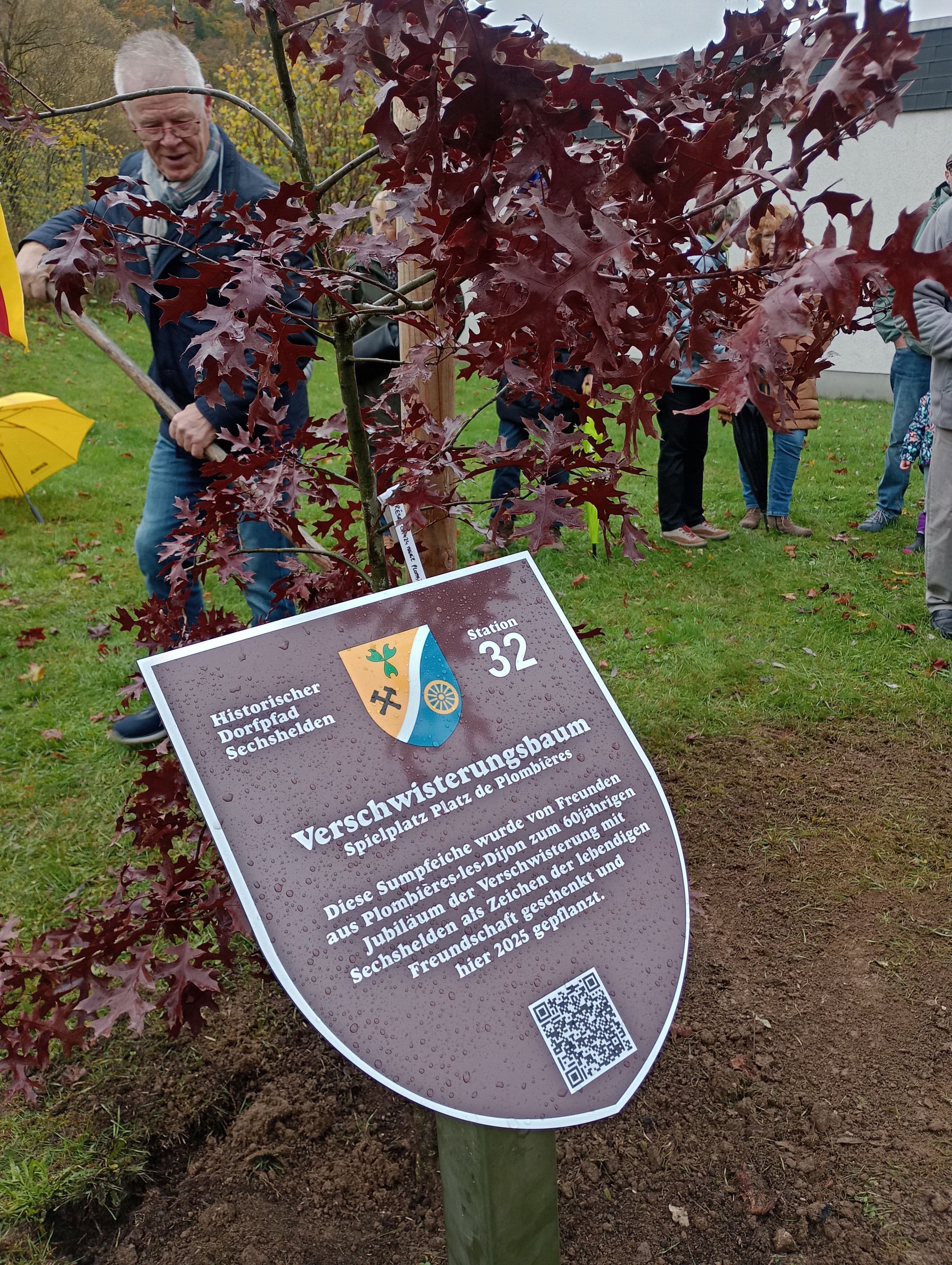 Lutz Hoffmann pflanzt die Sumpf-Eiche als Zeichen der Städtepartnerschaft in Sechshelden., Gruppenbild mit Teilnehmern bei der Pflanzung des Verschwisterungsbaums in Sechshelden.