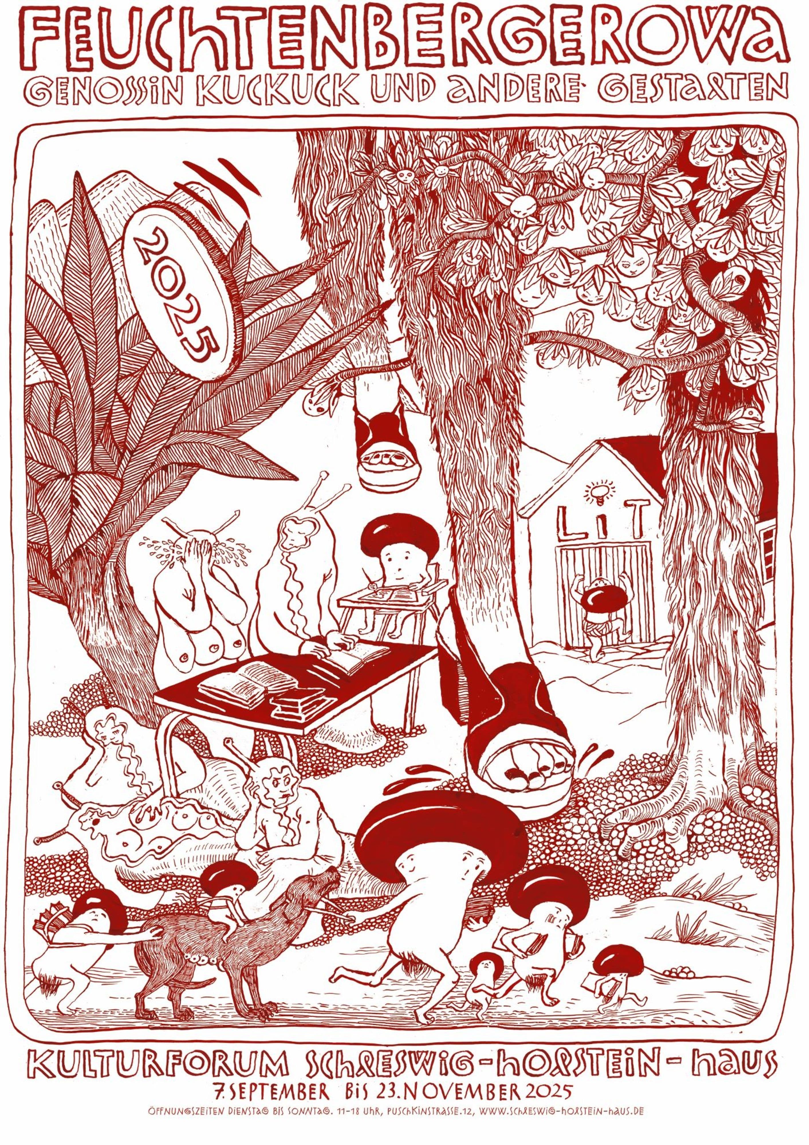 Porträtfoto der Comic-Künstlerin Anke Feuchtenberger, aufgenommen von Nik Pitton., Offizielles Plakat zur Ausstellung 'Genossin Kuckuck und andere Gestalten' im Kulturforum Schwerin., Wahlplakat für den Unabhängigen Frauenverband zur ersten gemeinsamen Wahl 1990, gestaltet von Anke Feuchtenberger.