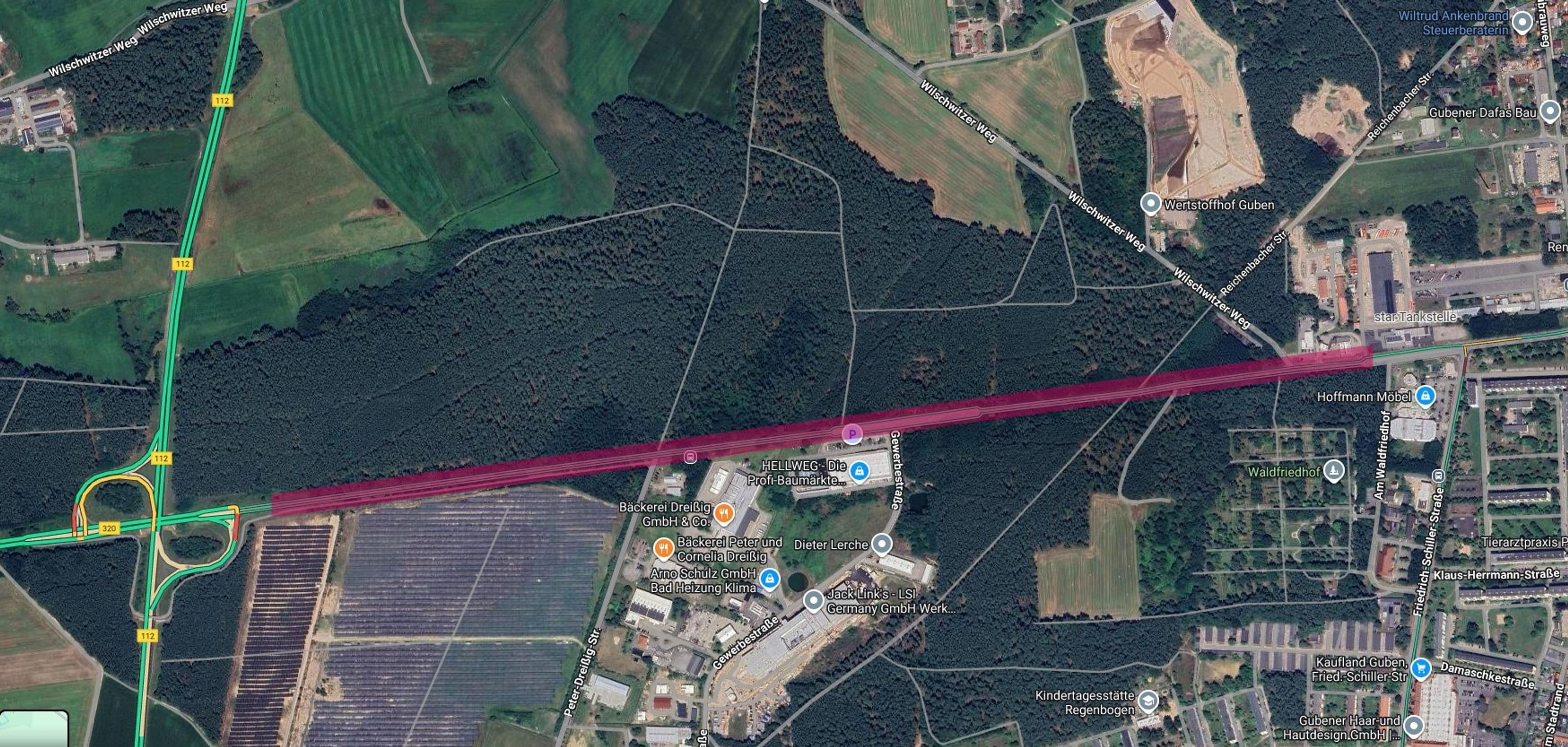Lageplan zeigt betroffene Stelle der Bankettfräsarbeiten am Hellweg in Guben.