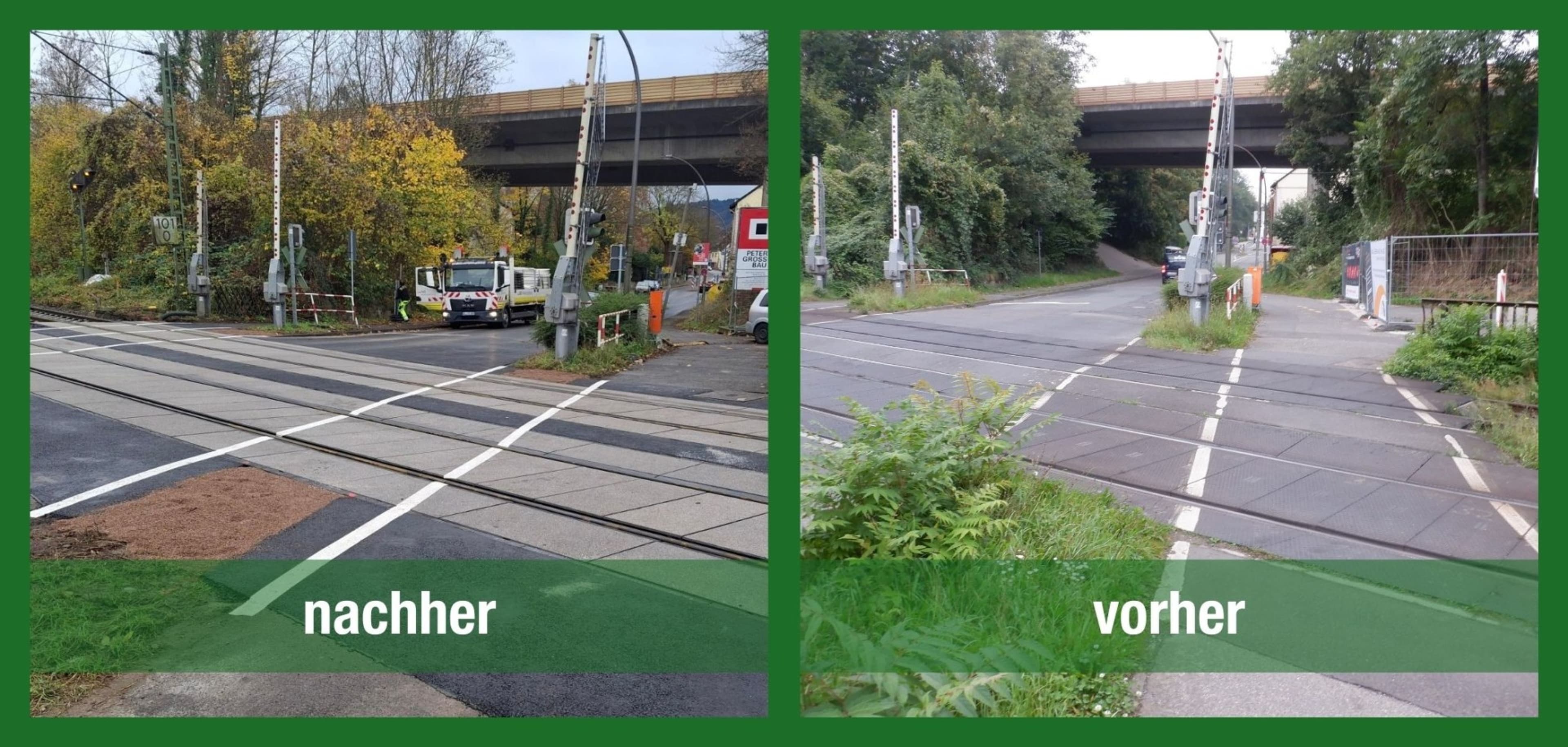 Vorher-Nachher-Bilder zeigen den erneuerten Bahnübergang Emser Straße nach Niveauausgleich und Modernisierung.