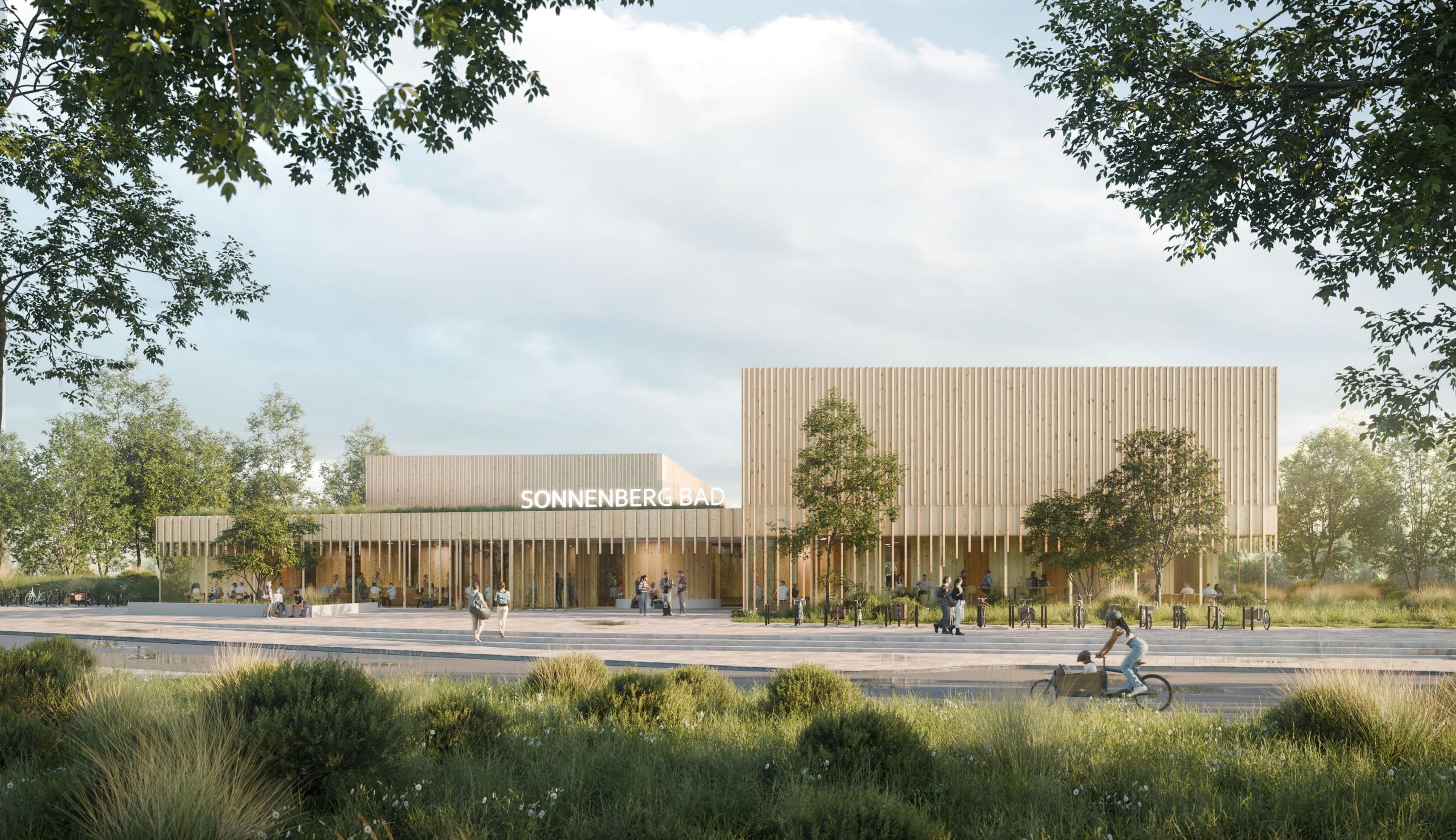 Das Siegerprojekt von a+r Architekten für das Hallenbad Sonnenberg vereint klare Bauweise und nachhaltige Energiekonzepte.