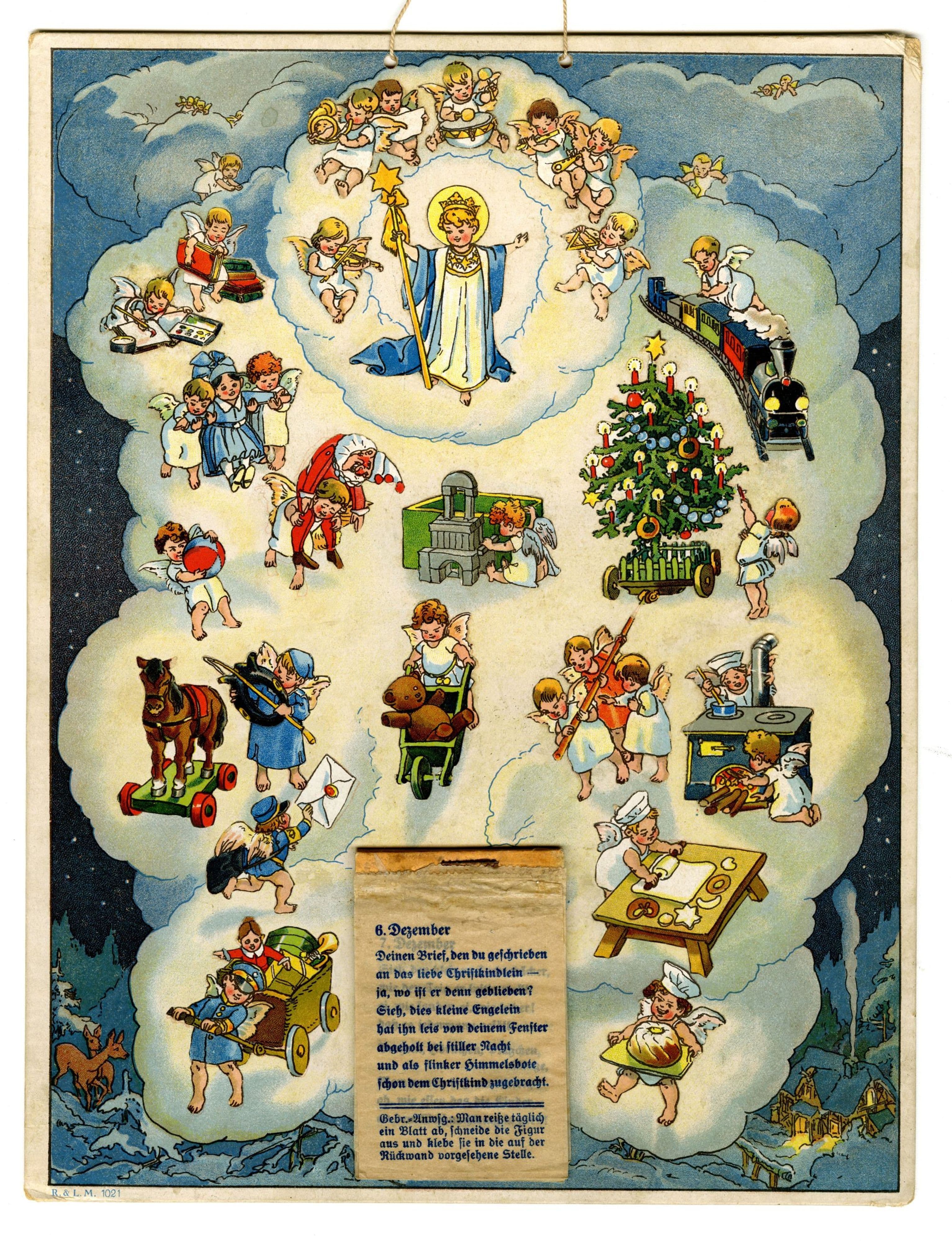 Historischer Adventskalender mit singenden und musizierenden Engeln aus der Sonderausstellung.