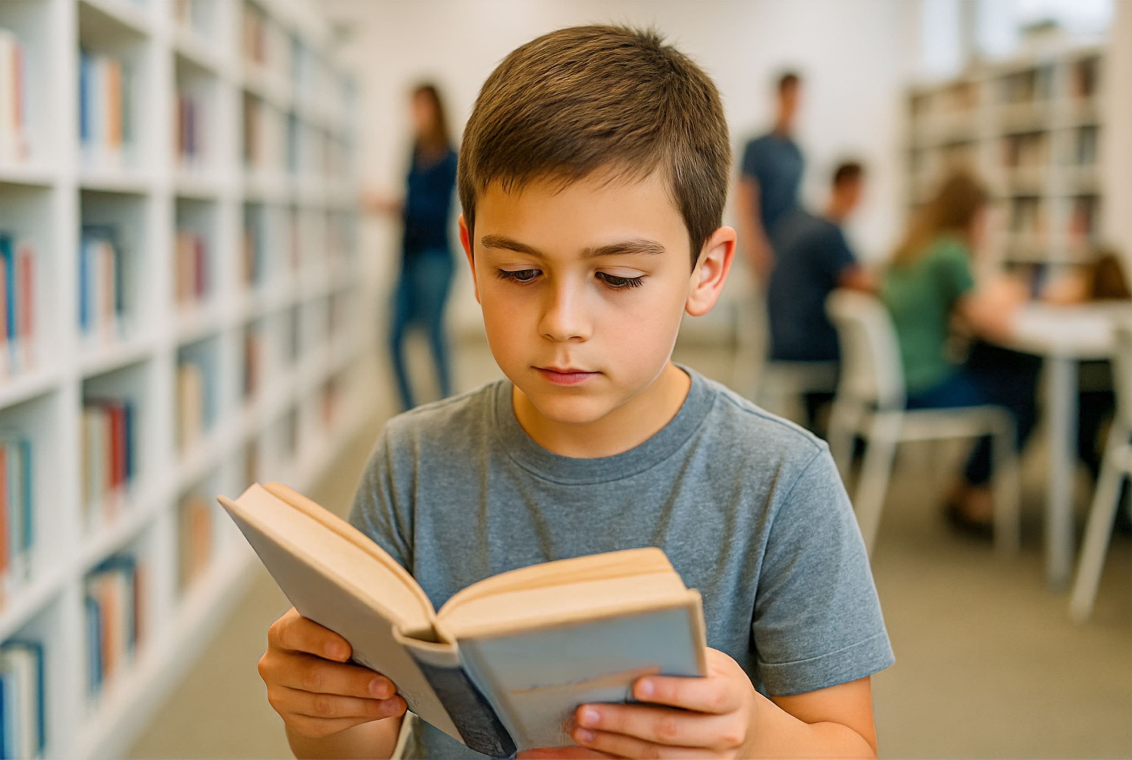 Lesender Junge in der Stadtbücherei Weinstadt ist Teil der Sommer-Lesekampagne.