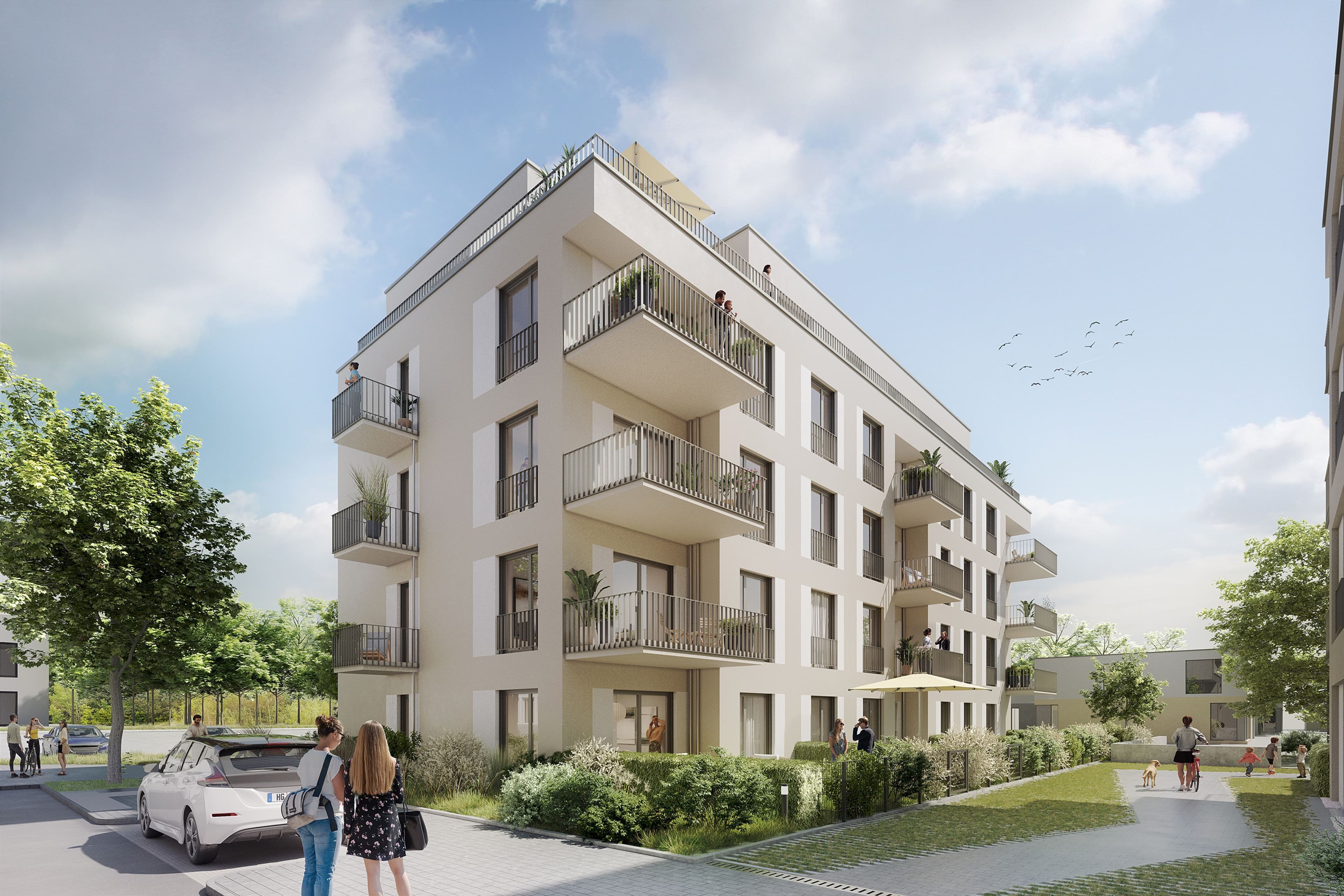 Visualisierung eines neuen Wohn- und Gewerbequartiers im Stadtteil Stierstadt mit barrierefreien Wohnungen.