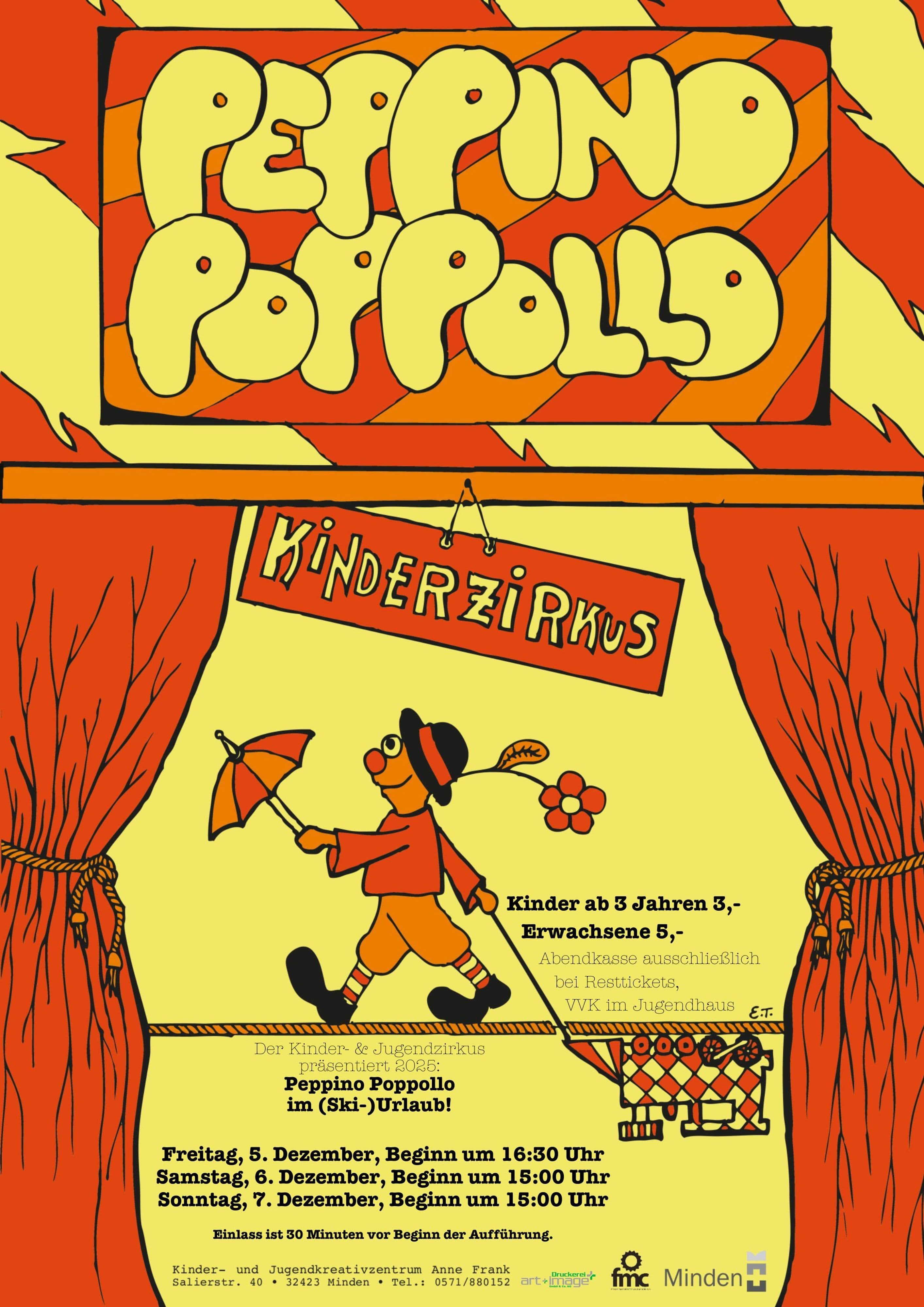 Plakat der Zirkusvorstellungen Peppino Poppollo im Kinder- und Jugendkreativzentrum Anne Frank.