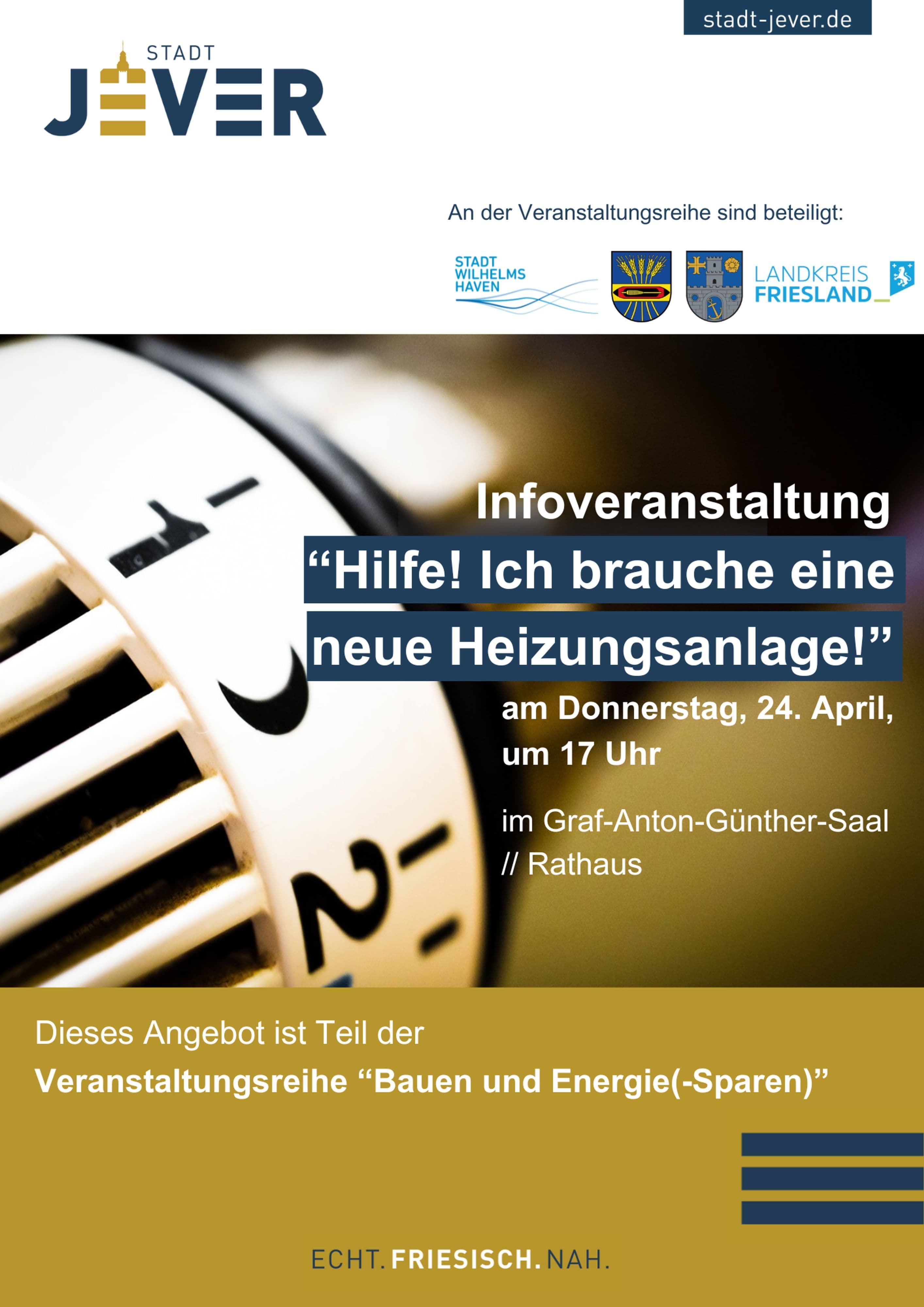Plakat zur Informationsveranstaltung über neue Heizungsanlagen der Stadt Jever, 24. April 2025.