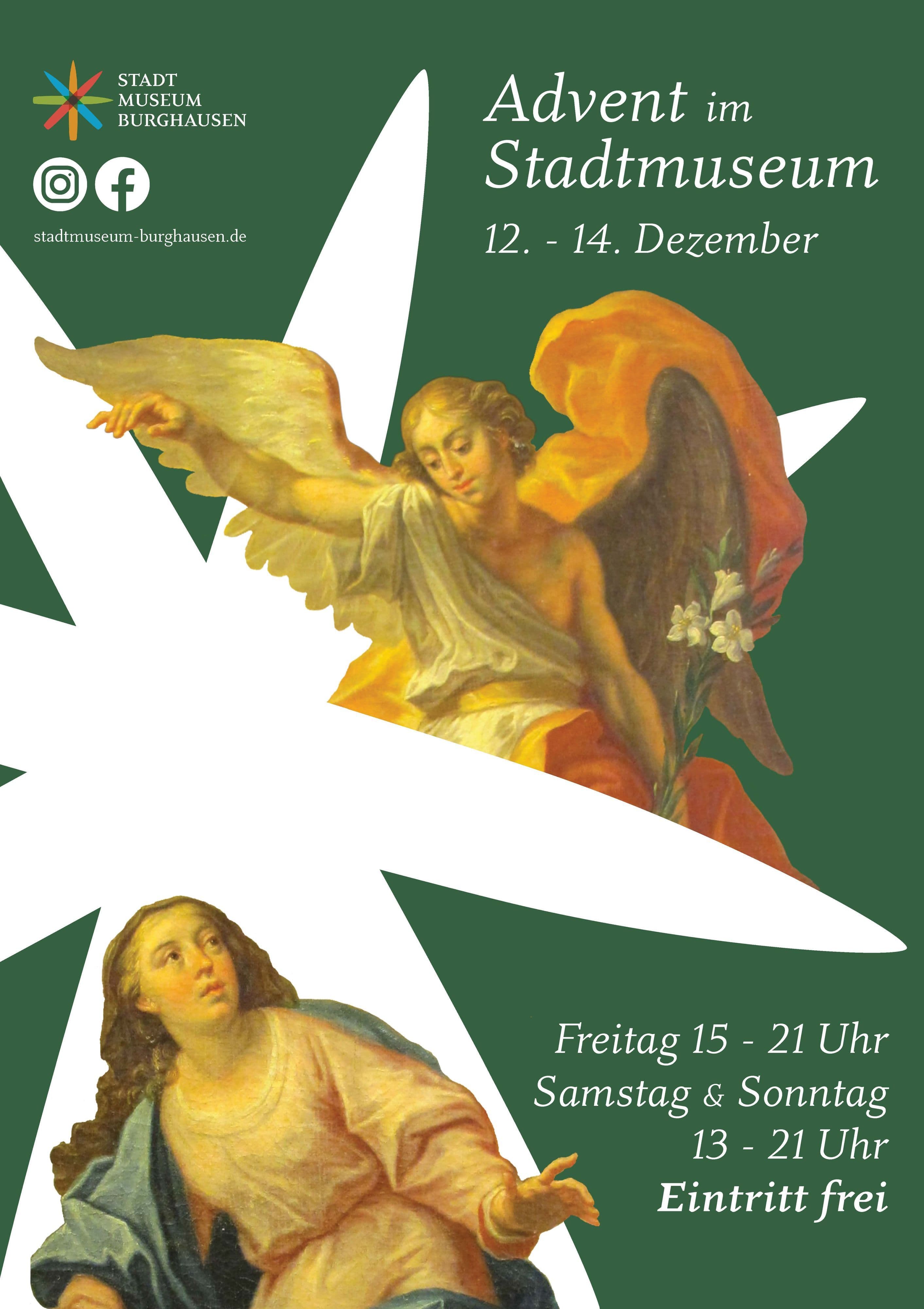 Gemälde der Burghauser Malerdynastie della Croce in der Ausstellung zur Burgweihnacht., Aquarelle von Albert Balthasar sind Teil der weihnachtlichen Sonderausstellung im Stadtmuseum., Andachtsbilder aus den Klöstern der Kapuziner werden in der Ausstellung präsentiert., Andachtsbilder aus dem Kloster der Englischen Fräulein sind Teil der Ausstellung., Prächtige Krippe des Kunstschnitzers Alfons Buchleitner aus Tann, Leihgabe der Krippenfreunde Altötting.