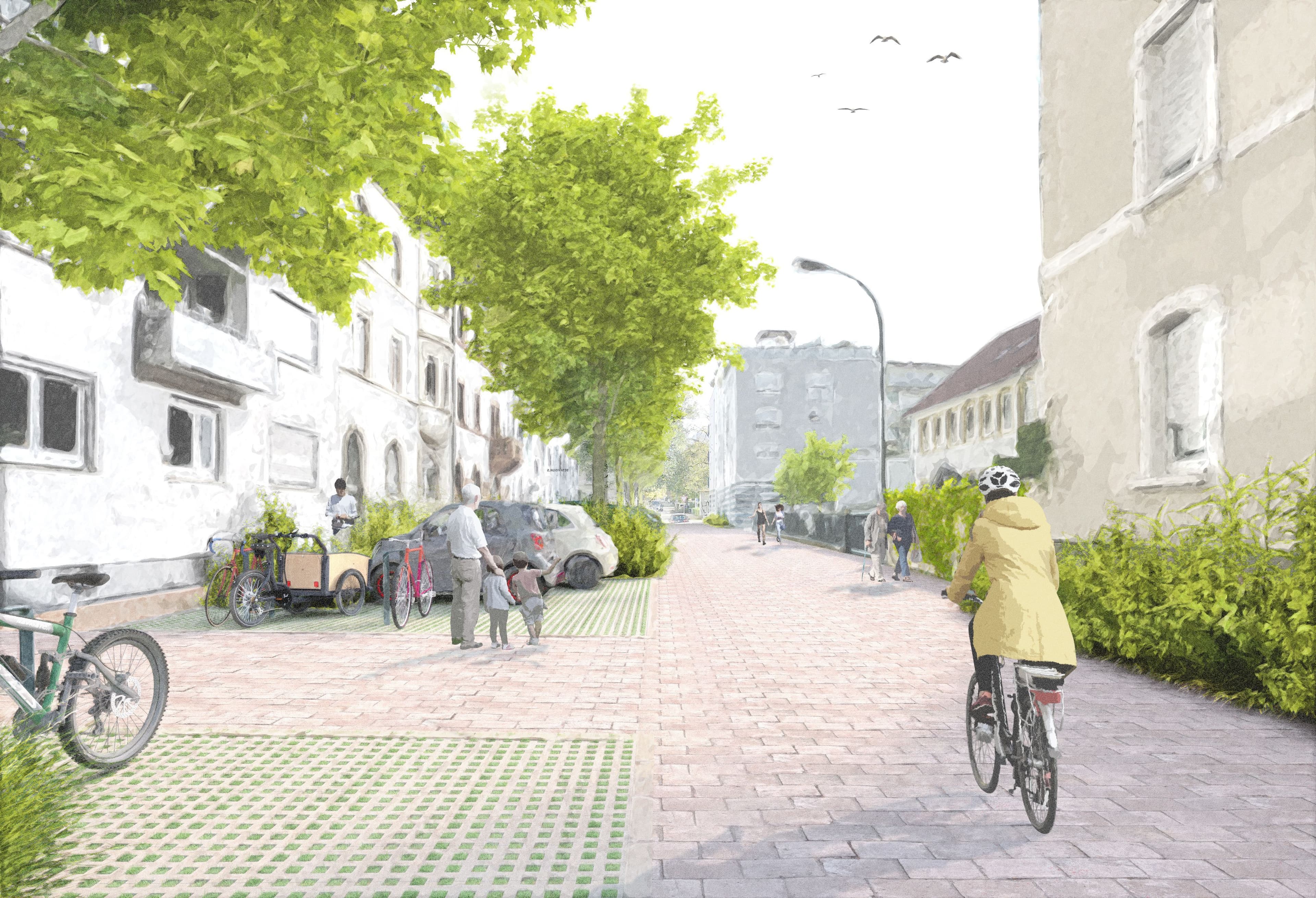 Visualisierung: Mehr Grün in der Werderstraße ab 2027 durch neue Baumpflanzungen.