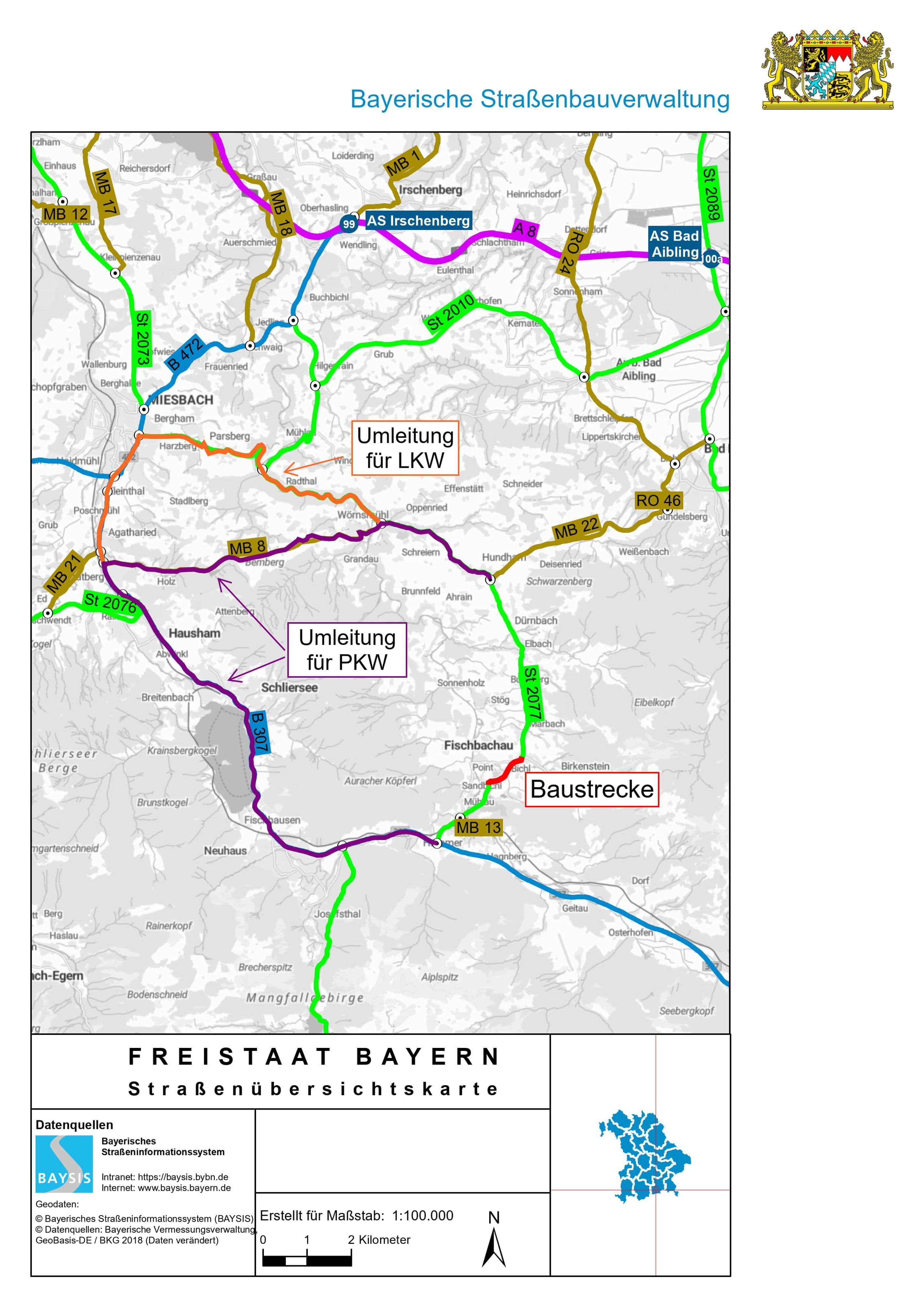 Umleitungsplan zur Fahrbahnsanierung der St 2077 durch das Staatliche Bauamt Rosenheim.
