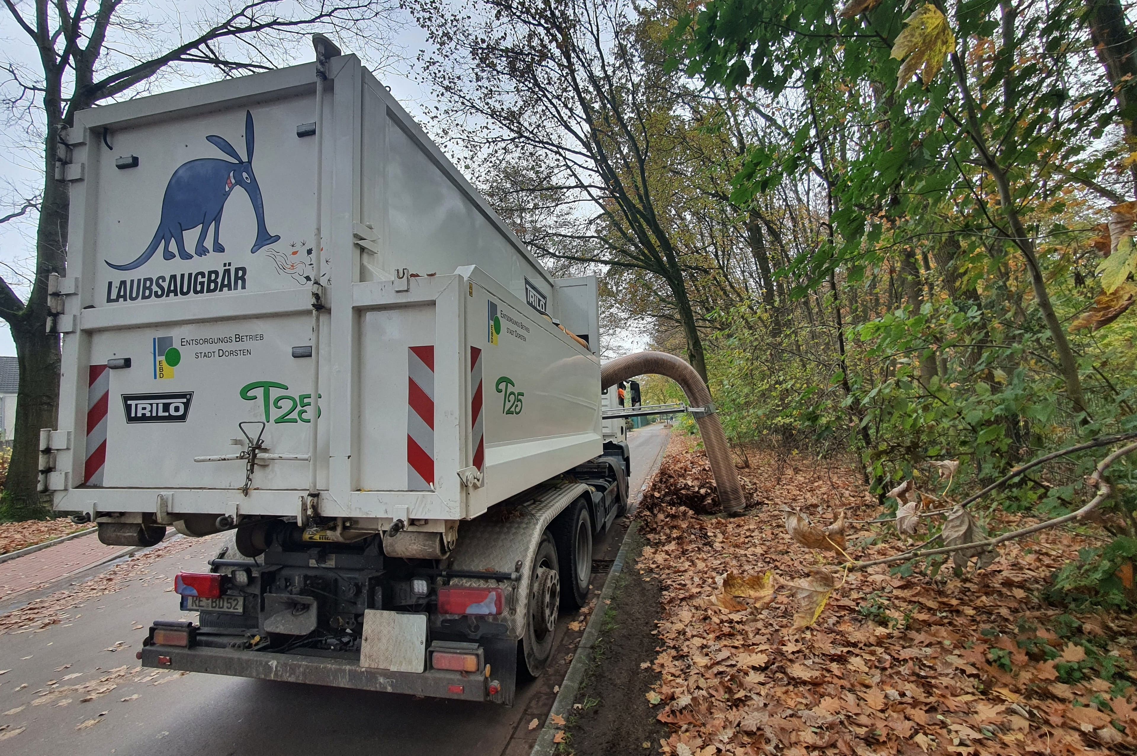 Laubsauggerät des Kommunalen Servicebetriebs beim Einsatz zur Leerung eines Laubcontainers.